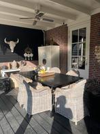 Teakhout tafel met smeedijzeren onderstel 2 m x 1 m, Ophalen, Zo goed als nieuw