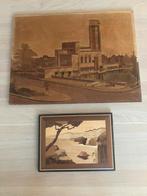 Twee schilderijen Marqueterie raadhuis Hilversum, landschap, Ophalen of Verzenden