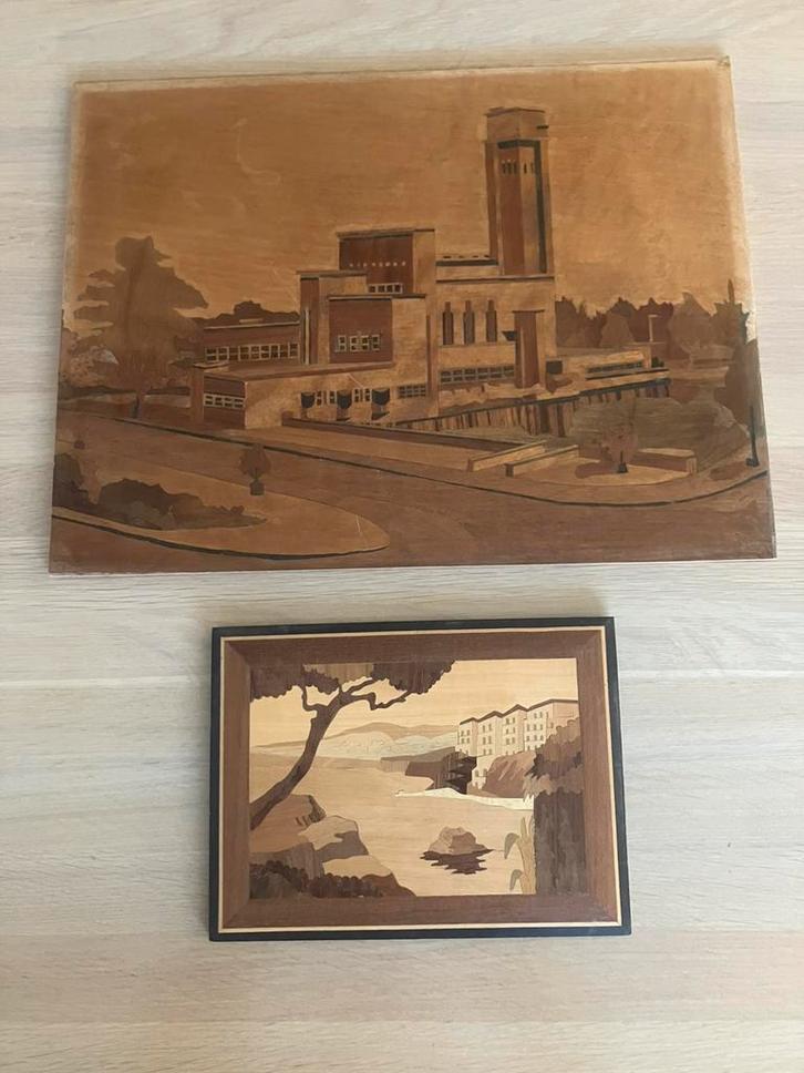 Twee schilderijen Marqueterie raadhuis Hilversum, landschap, Antiek en Kunst, Antiek | Wandborden en Tegels, Ophalen of Verzenden