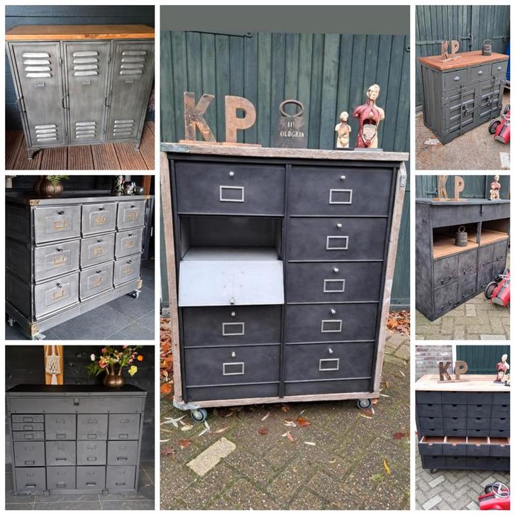 Industriële ladenkast met hout en vakken, Huis en Inrichting, Kasten | Ladekasten, Gebruikt, Minder dan 100 cm, 50 tot 100 cm