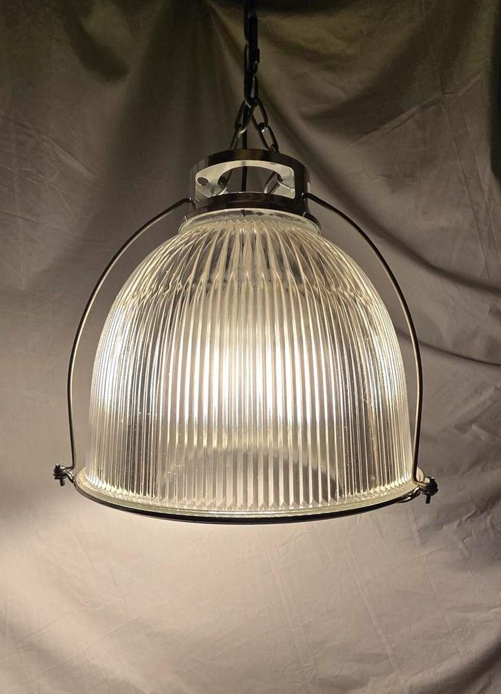 5x Industriële Holophane Hanglamp, Huis en Inrichting, Lampen | Hanglampen, Zo goed als nieuw, Minder dan 50 cm, Glas, Metaal