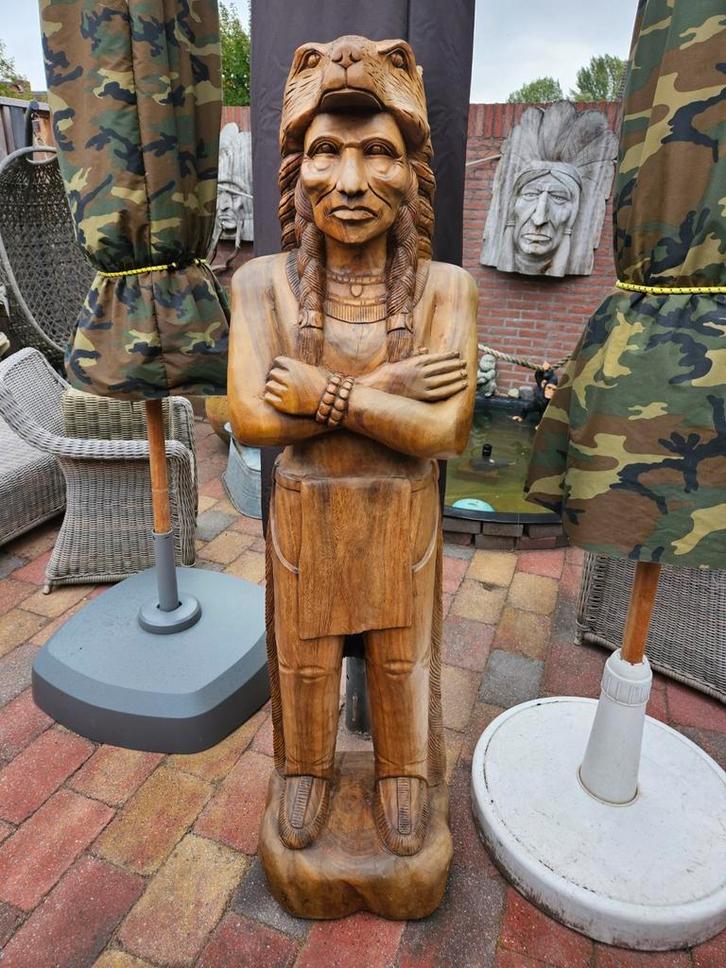 MASSIEF HOUTEN INDIANEN BEELD HOOGTE 185 CM VOOR COUNTRY BAR, Antiek en Kunst, Kunst | Beelden en Houtsnijwerken, Ophalen