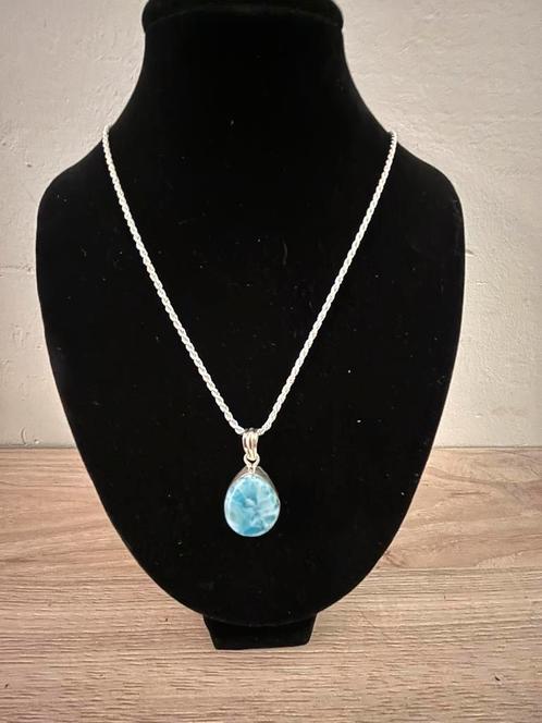Zilveren ketting 925 met Larimar hanger, Sieraden, Tassen en Uiterlijk, Kettingen, Zo goed als nieuw, Zilver, Blauw, Ophalen of Verzenden