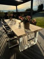 Buitentafel 320x100 cm alu/teak incl 6 stoelen, Ophalen, Gebruikt, Rechthoekig, Teakhout