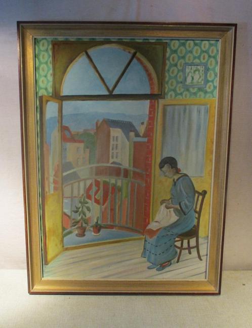 Mooi Oud geschilderd Werk 'Vrouw bij Open Raam' - 77x57, Antiek en Kunst, Kunst | Schilderijen | Klassiek, Ophalen of Verzenden