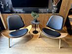 Set van Shell Walnotenhouten fauteuils met leren kussens, Ophalen, Gebruikt, 75 tot 100 cm, Hout