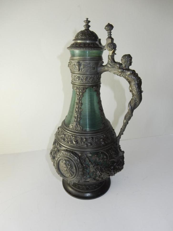 Wijnkaraf Renaissance stijl ca 1870 tin en glas, Antiek en Kunst, Antiek | Glas en Kristal, Ophalen of Verzenden
