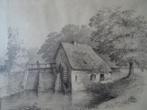 Tekening watermolen in bos met beekje 1875, zonder signatuur, Verzenden