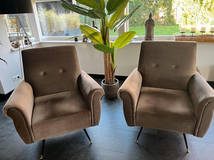 2 Taupe Fluwelen Fauteuils - Heel & Vlekvrij, Huis en Inrichting, Fauteuils, Gebruikt, Stof, 50 tot 75 cm, Minder dan 75 cm, Ophalen