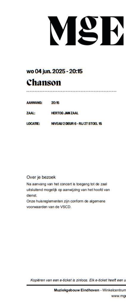 Tickets Chanson 4 Juni Muziekgebouw Eindhoven, Tickets en Kaartjes, Concerten | Overige, Eén persoon, Juni