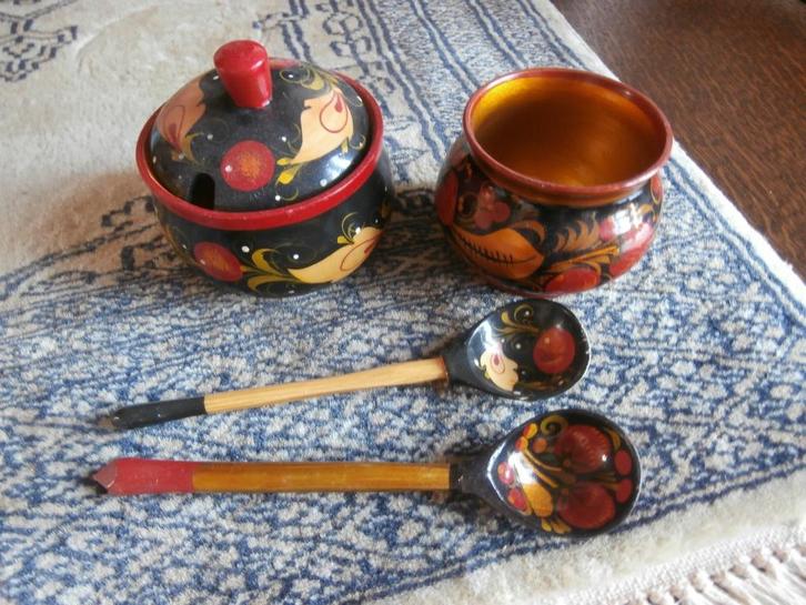 Schaal suikerpot bakje lepel lepeltje hout beschilderd polen, Antiek en Kunst, Kunst | Beelden en Houtsnijwerken, Ophalen of Verzenden