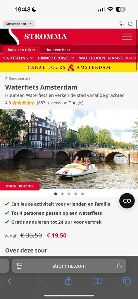 Te koop 3 tickets waterfiets Stromma Amsterdag tt 8 aug geld, Tickets en Kaartjes, Recreatie | Overige, Twee personen, Ticket of Toegangskaart