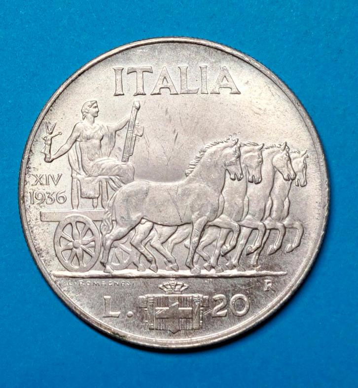 Italië 20 lire 1936R naslag in zilver, Postzegels en Munten, Munten | Europa | Niet-Euromunten, Losse munt, Italië, Zilver, Verzenden