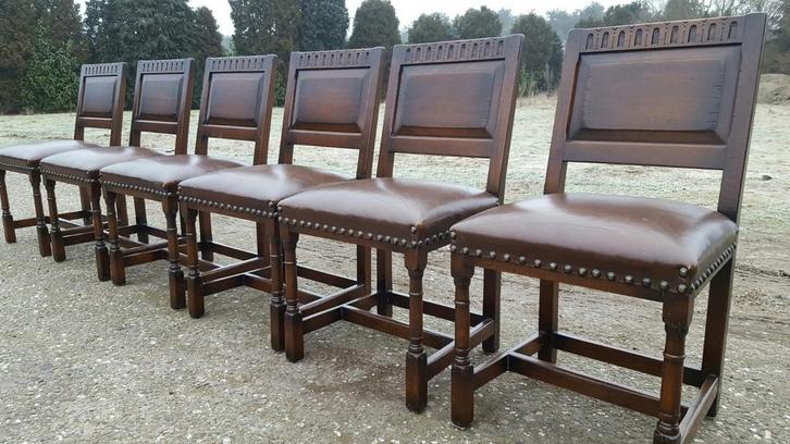 6 eiken eetkamer stoelen met leder, Huis en Inrichting, Stoelen, Gebruikt, Bruin, Ophalen