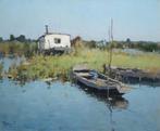 A.J. Zwart (1903-1981), Plasgezicht met woonboot en bootjes, Ophalen of Verzenden