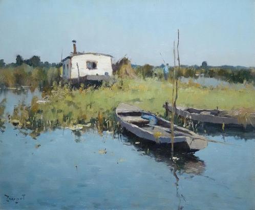 A.J. Zwart (1903-1981), Plasgezicht met woonboot en bootjes, Antiek en Kunst, Kunst | Schilderijen | Klassiek, Ophalen of Verzenden