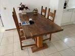Handgemaakte kerkhouten eettafel met 4 stoelen: uniek design, Ophalen, Gebruikt, 4 tot 6 stoelen