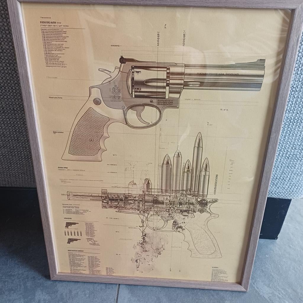 Prent Revolver Gedetailleerde Tekening, Ophalen of Verzenden