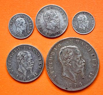 Italië 20 & 50 Centimes + 1, 2 & 5 Lire zilver  1863/1875 beschikbaar voor biedingen