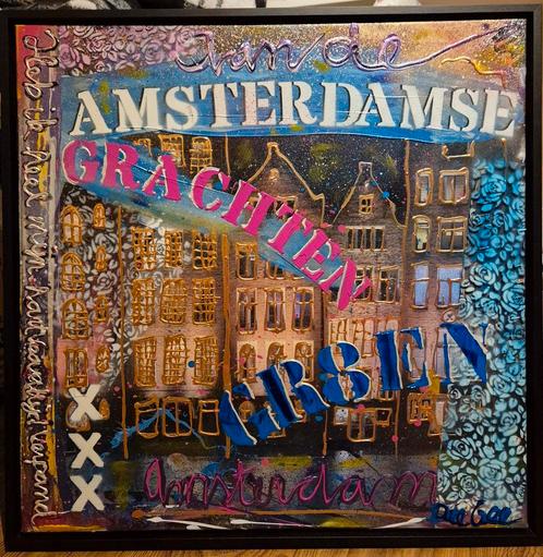 Aan de Amsterdamse grachten kunstwerk mixed media, Antiek en Kunst, Kunst | Schilderijen | Modern, Ophalen