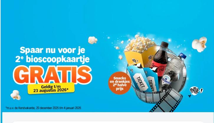Pathe 2e gratis kaartje drankjes snacks - AH actie, Tickets en Kaartjes, Kortingen en Cadeaubonnen, Twee personen, Overige typen