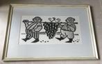 Grafisch werk 2 mannetjes met druiventros door Piet Janssens, Antiek en Kunst, Kunst | Etsen en Gravures, Ophalen of Verzenden