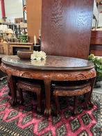 Handgesneden Aziatische salontafel met 4 bijzettafels, Ophalen of Verzenden