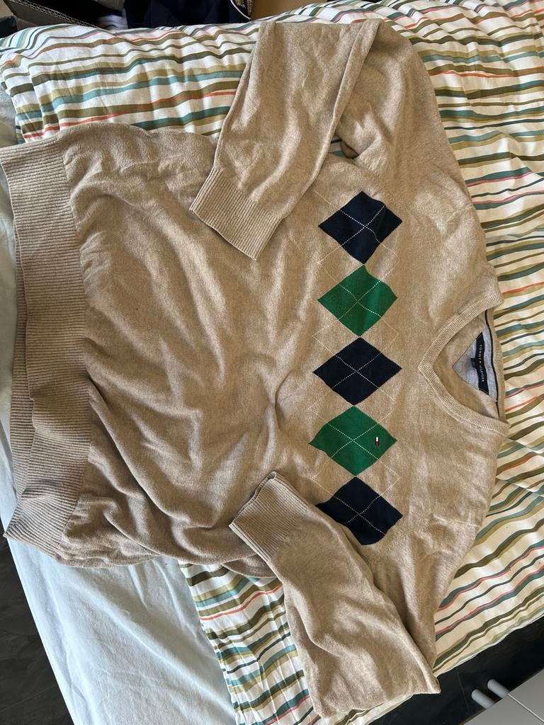 Tommy Hilfiger V-hals trui - Beige met argyle patroon, Verzenden, Zo goed als nieuw, Maat 56/58 (XL), Beige