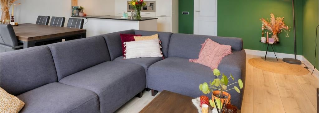 Montel hoekbank met boxspring vering, antraciet stof, Ophalen, 250 tot 300 cm, Hoekbank, Zo goed als nieuw