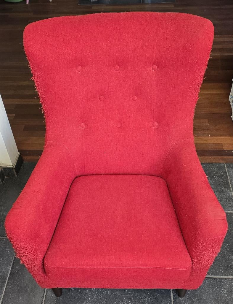 Fauteuil, diep, "oren", beklede rug, rood, opnw. stofferen, Huis en Inrichting, Fauteuils, Ophalen, Gebruikt, Minder dan 75 cm