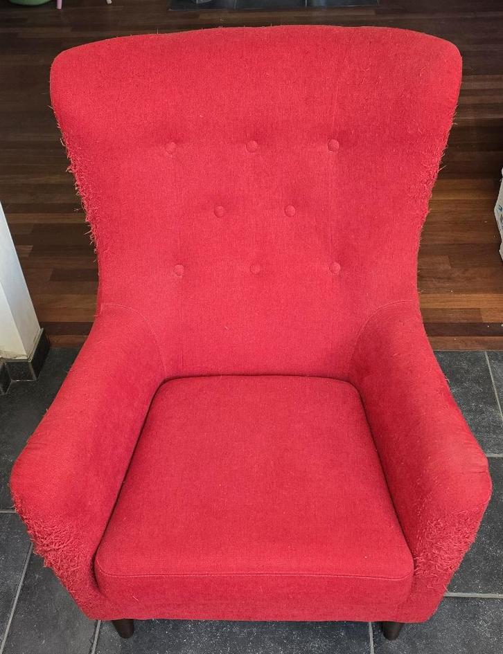 Fauteuil, diep, "oren", beklede rug, rood, opnw. stofferen, Huis en Inrichting, Fauteuils, Gebruikt, Stof, 75 tot 100 cm, Minder dan 75 cm