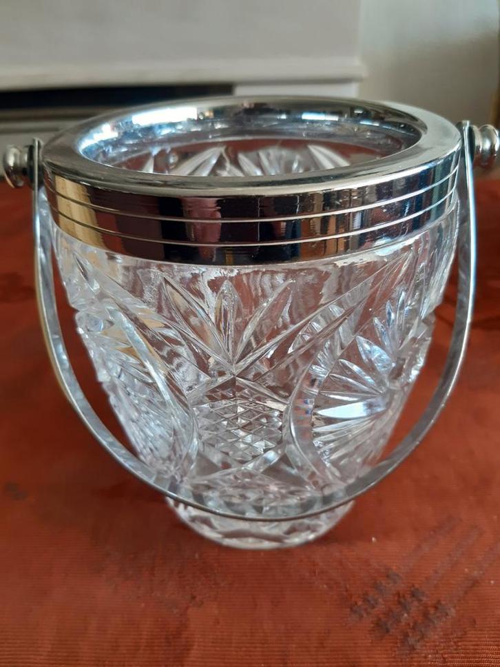 Vintage kristallen ijsblokjesemmer metalen montuur+hengsel, Antiek en Kunst, Antiek | Glas en Kristal, Ophalen of Verzenden