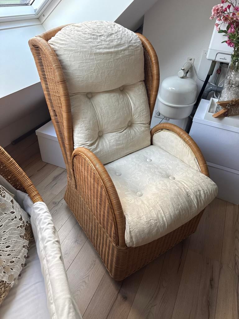 Rotan lounge stoel met kussen, Huis en Inrichting, Stoelen, Ophalen, Gebruikt, Overige kleuren, Riet of Rotan