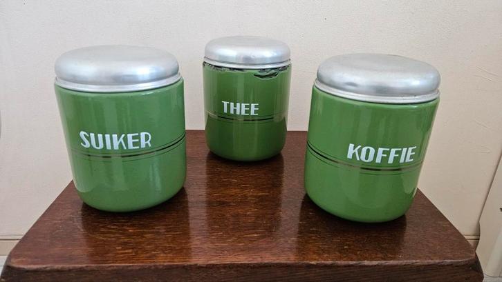 Vintage Groene Emaille Voorraadpotten, Antiek en Kunst, Antiek | Emaille, Ophalen