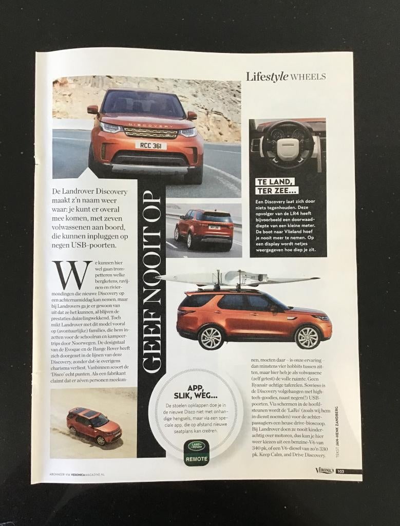 Advertentie van Landrover Discovery. Uitgave 2017., Verzenden, 1980 tot heden, Nederland, Knipsel(s)