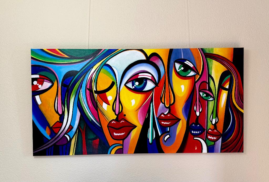 Schilderij olieverf Picasso signature - Big Eye Girls 140x70, Antiek en Kunst, Ophalen