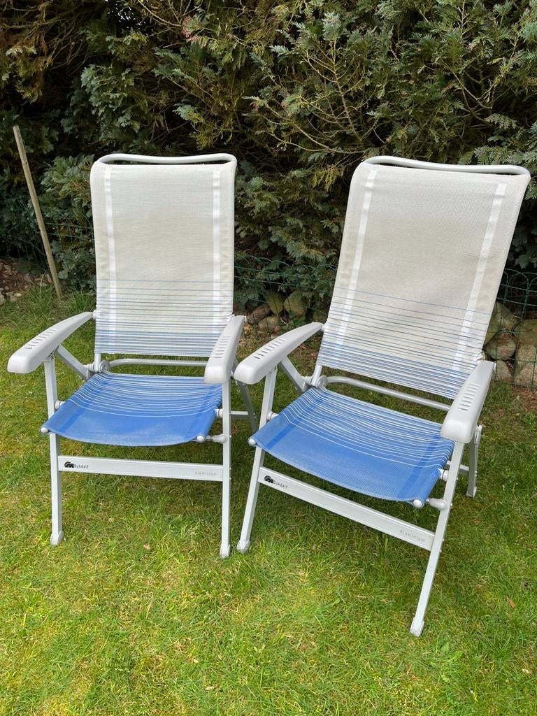 2 Dukdalf campingstoelen + voetensteun hoog model 8 standen, Ophalen, Gebruikt, Campingstoel