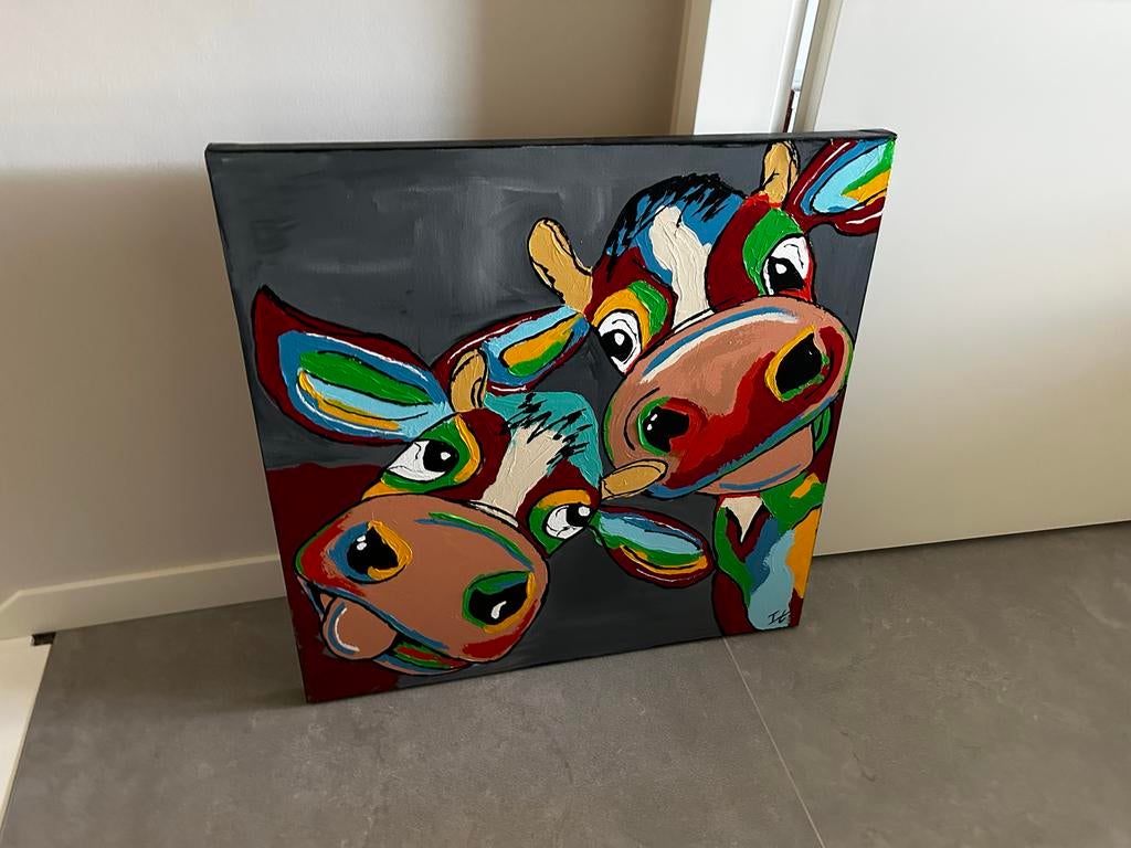 Koeien schilderij gesigneerd, 80x80 cm, Antiek en Kunst, Kunst | Schilderijen | Modern, Ophalen