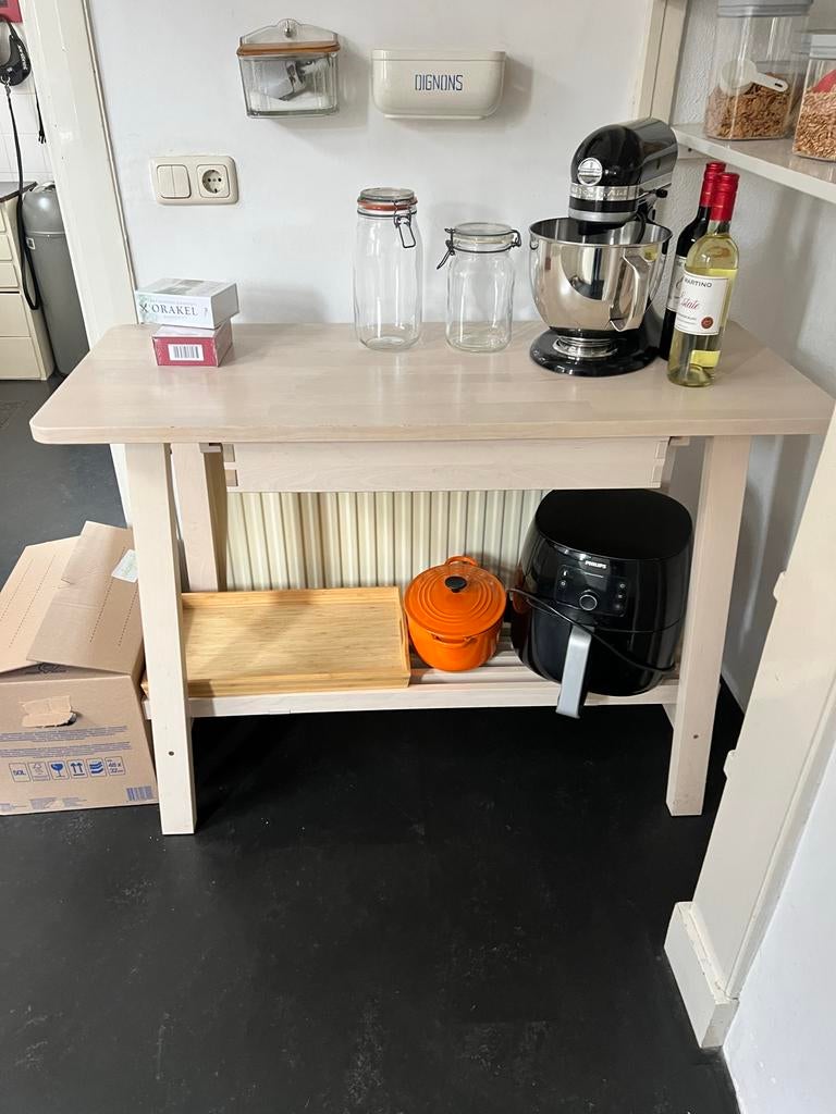 Houten keukentafel met lade en plank Ikea, Huis en Inrichting, Tafels | Bijzettafels, Ophalen, Gebruikt, 75 cm of meer, 60 cm of meer