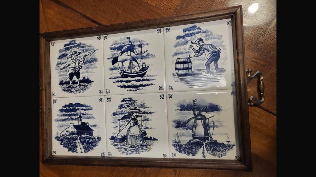 Dienblad met 6 tegeltjes 48 cm breed 33 cm hoog, Ophalen of Verzenden