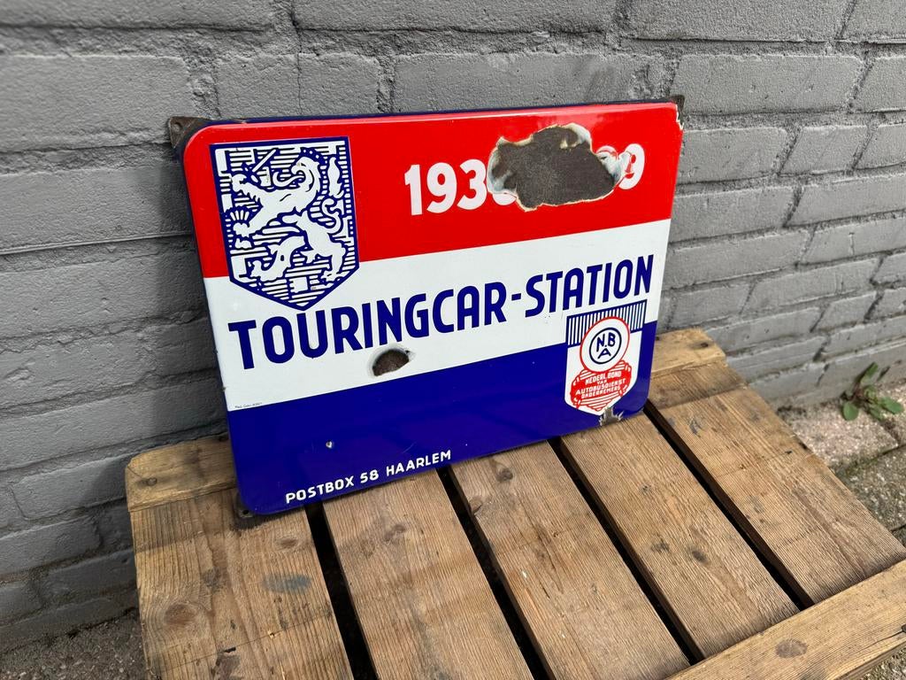 Vintage Emaille Touringcar-Station Bord 1930s, Ophalen of Verzenden