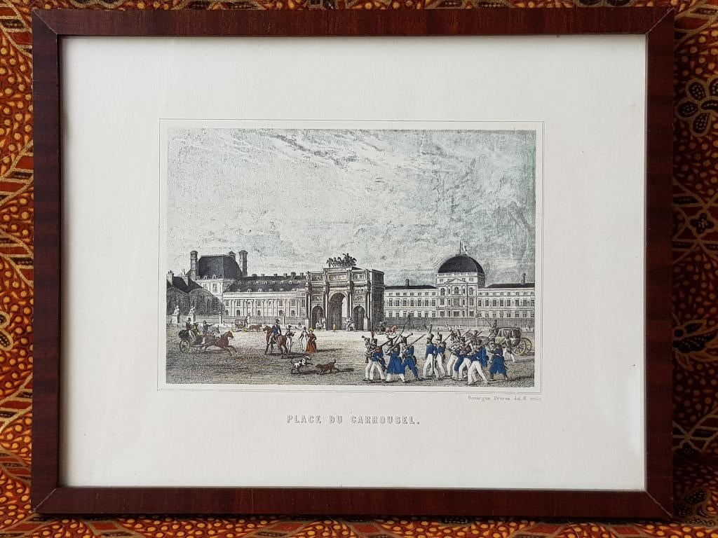 Place du Carrousel antieke ingelijste gravure uit Frankrijk., Antiek en Kunst, Kunst | Etsen en Gravures, Gravure, Handgekleurd