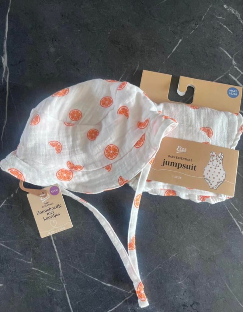 Etos jumpsuit en zonnehoedje met sinaasappels, Kinderen en Baby's, Babykleding | Maat 68, Ophalen of Verzenden, Nieuw, Jongetje of Meisje
