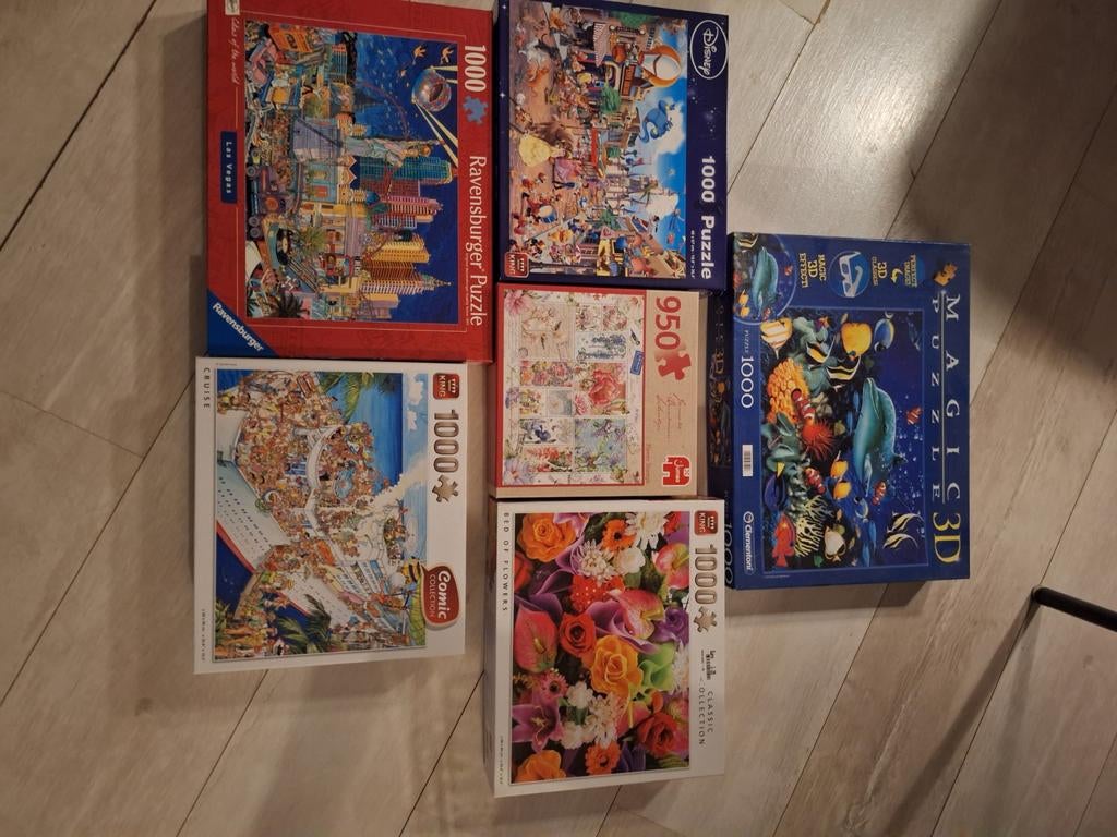 6 puzzels 1000 stukjes, Ophalen of Verzenden, 500 t/m 1500 stukjes, Zo goed als nieuw