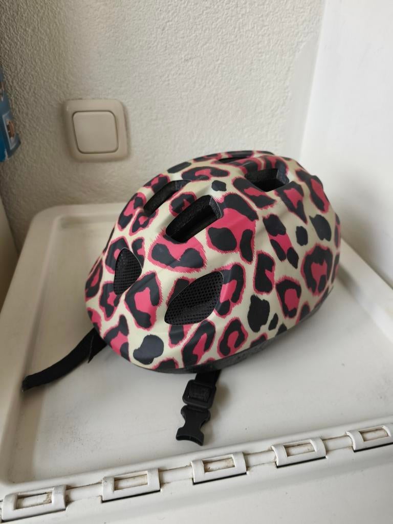 Roze cheetah kinderfiets- en skatehelm, maat 46-53 cm, Ophalen, Gebruikt, Overige maten, Meisje