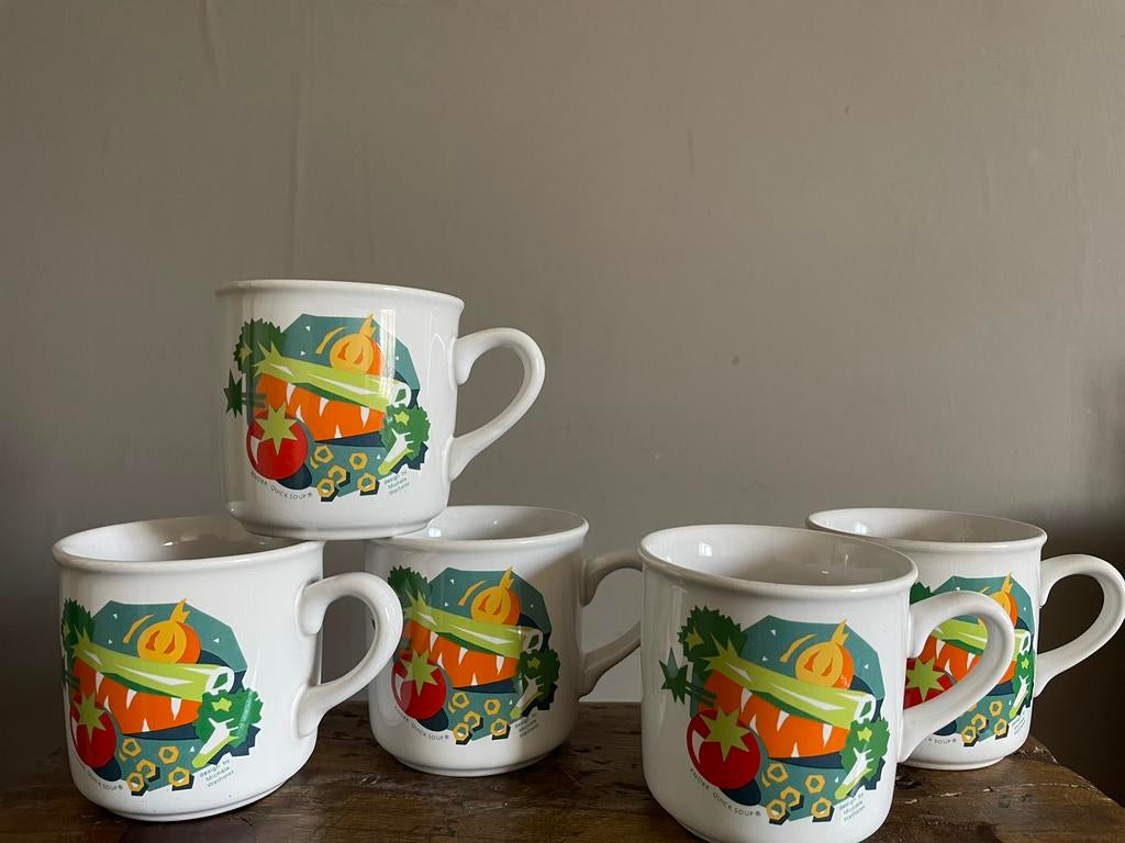 5 KNORR soep vintage mokken met groenten decoratie, Ophalen of Verzenden, Zo goed als nieuw, Overige stijlen, Kop(pen) en/of Schotel(s)