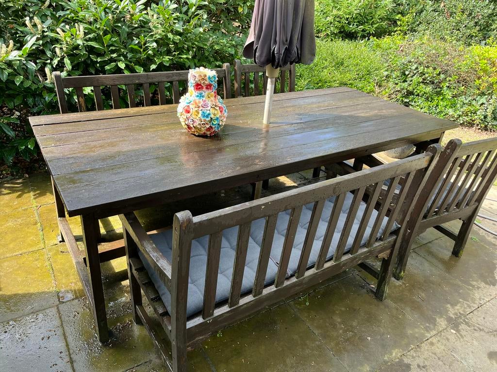 Hardhouten tuintafel met stoelen en kussens, Ophalen, Gebruikt, Eettafel, Hardhout