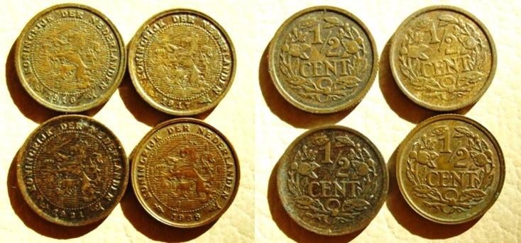 4 halve centen 1916, 1917, 1921 en 1938, Postzegels en Munten, Munten | Nederland, Verzenden, Koningin Wilhelmina, Overige waardes