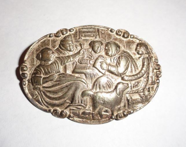 Broche zilver Boeren Familie Herberg Tafereel aardappeleters, Verzenden, Zo goed als nieuw, Zilver, Zilver
