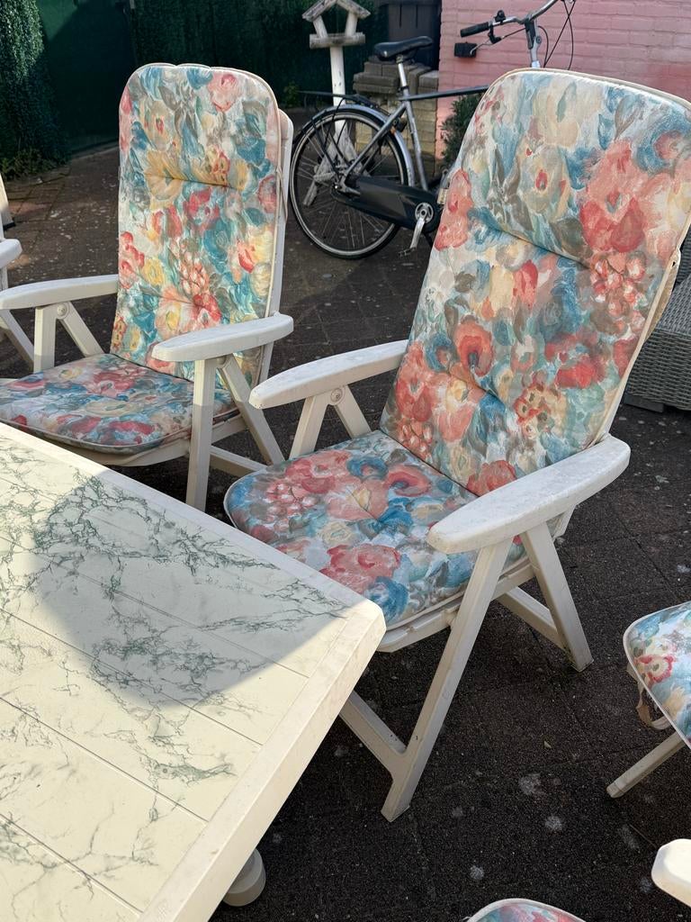 8 Tuinstoelen met kussens en 2 bankjes van merk Hartman, Ophalen, Gebruikt, Kunststof, Verstelbaar